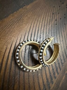 Gold Hoop Earrings with Black and White Beaded Accent